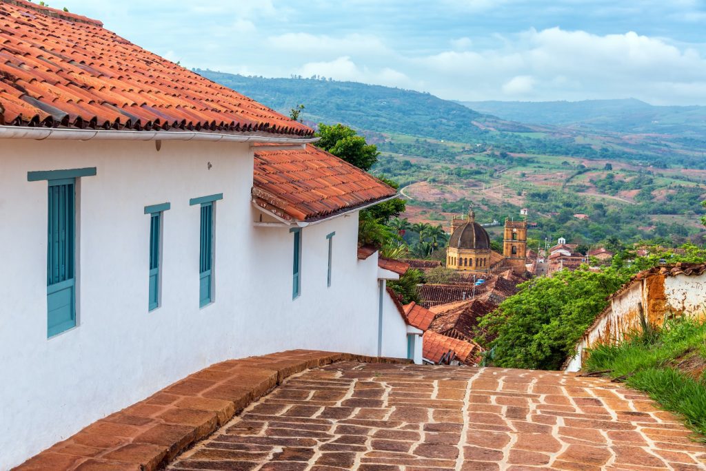 Cobblestone streets and ochre stone walls of Barichara, Santander